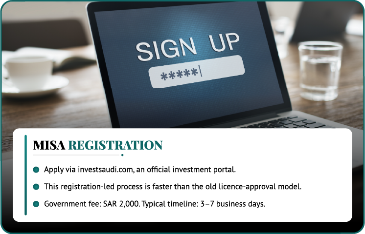 Step 3 MISA registration for company formation in Saudi Arabia - apply via investsaudi.com, government fee SAR 2,000, processed in 3–7 business days