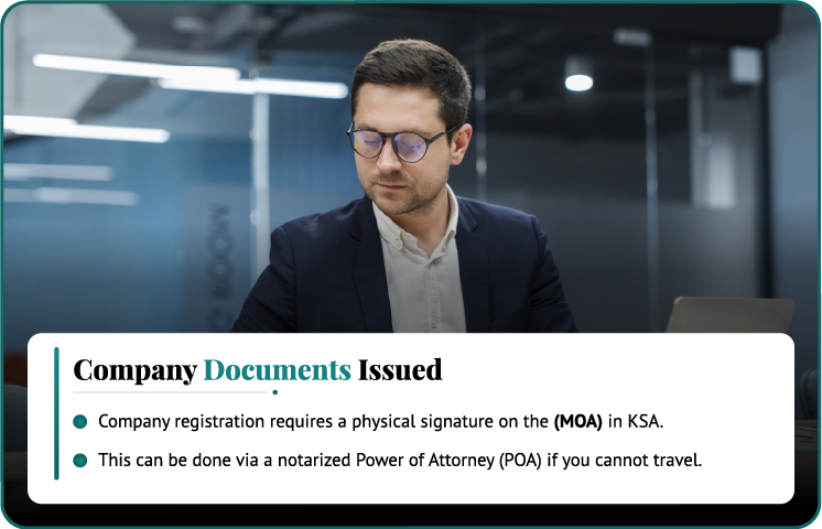Step 7 company documents issued after registration in Saudi Arabia - Commercial Registration and official company documents received following MOA signing