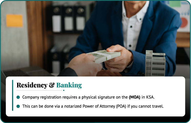 Step 8 residency and banking setup for company formation in Saudi Arabia - open a corporate bank account and obtain residency following successful company registration